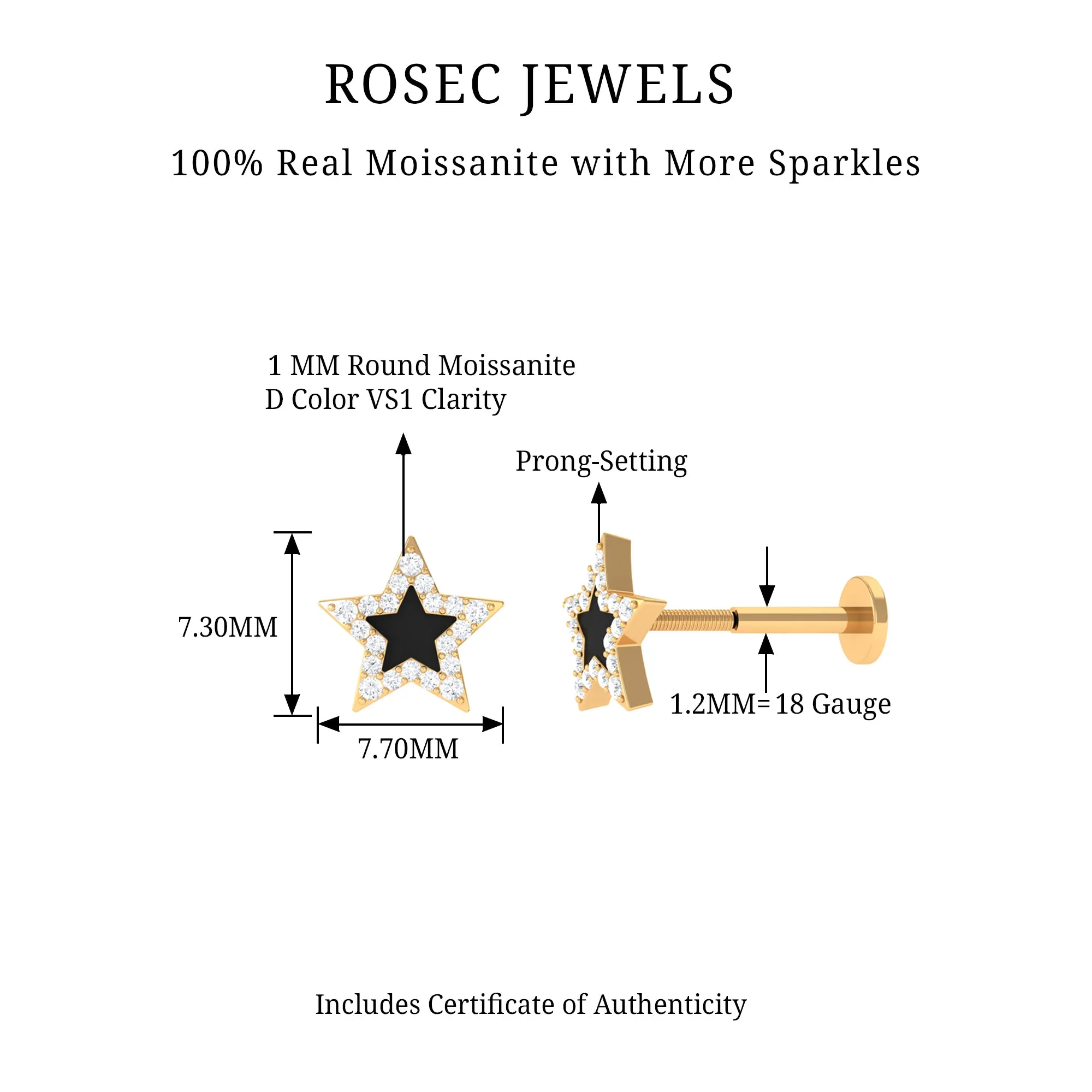 Real Moissanite Star Cartilage Earring with Black Enamel