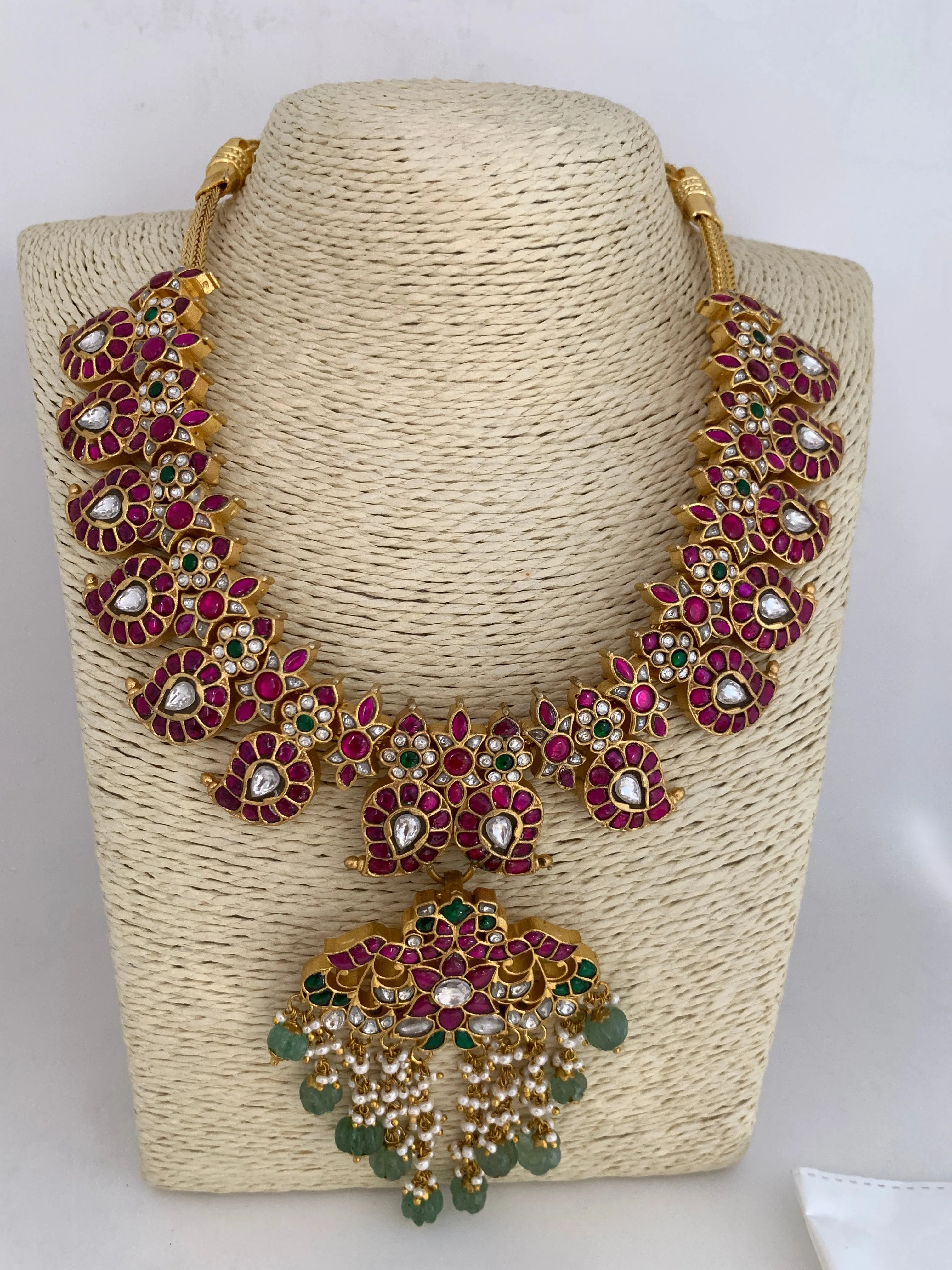 Red Jadau Kundan Emerald Beads Detachable Pendent Neckline Necklace