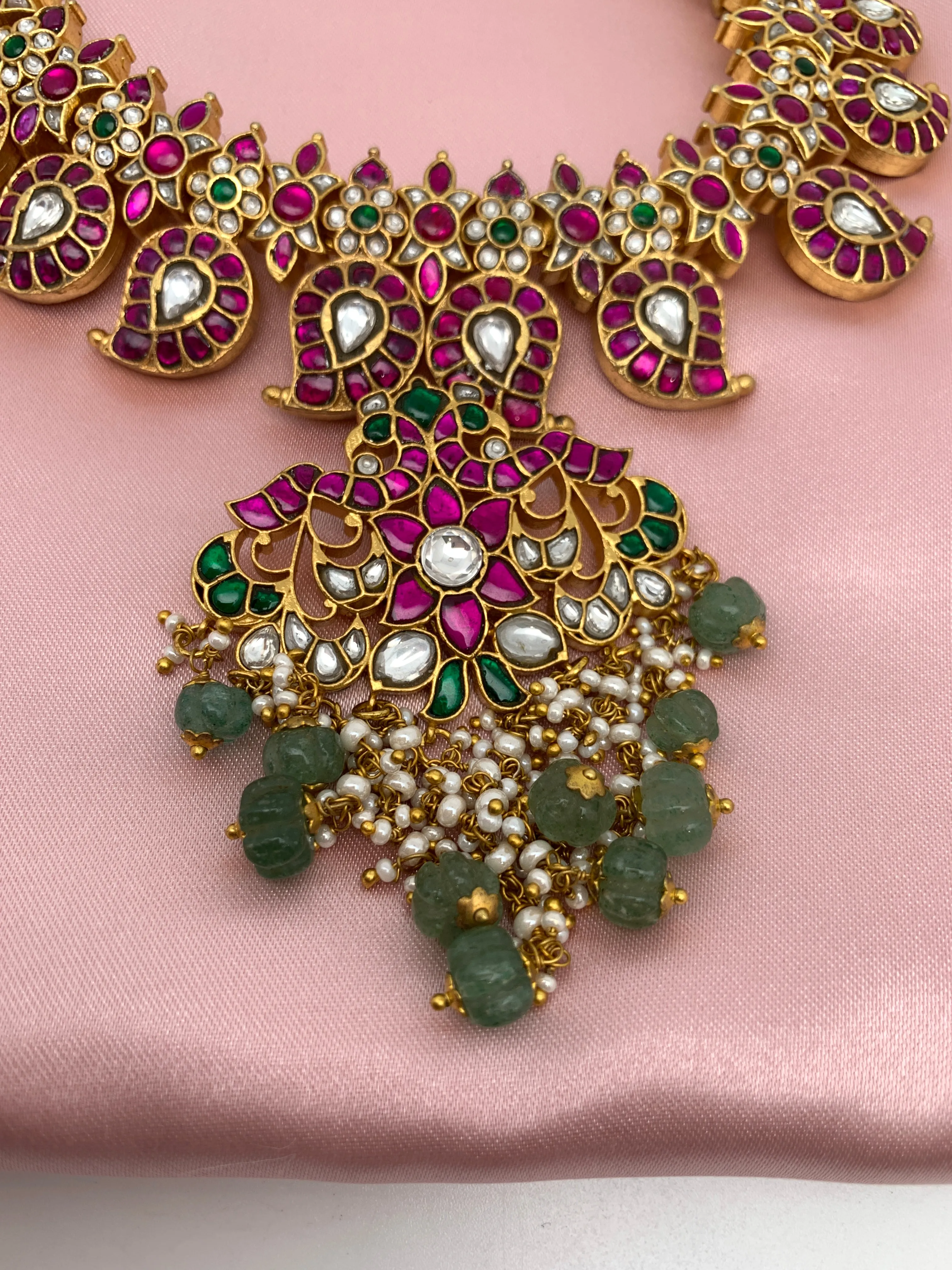 Red Jadau Kundan Emerald Beads Detachable Pendent Neckline Necklace