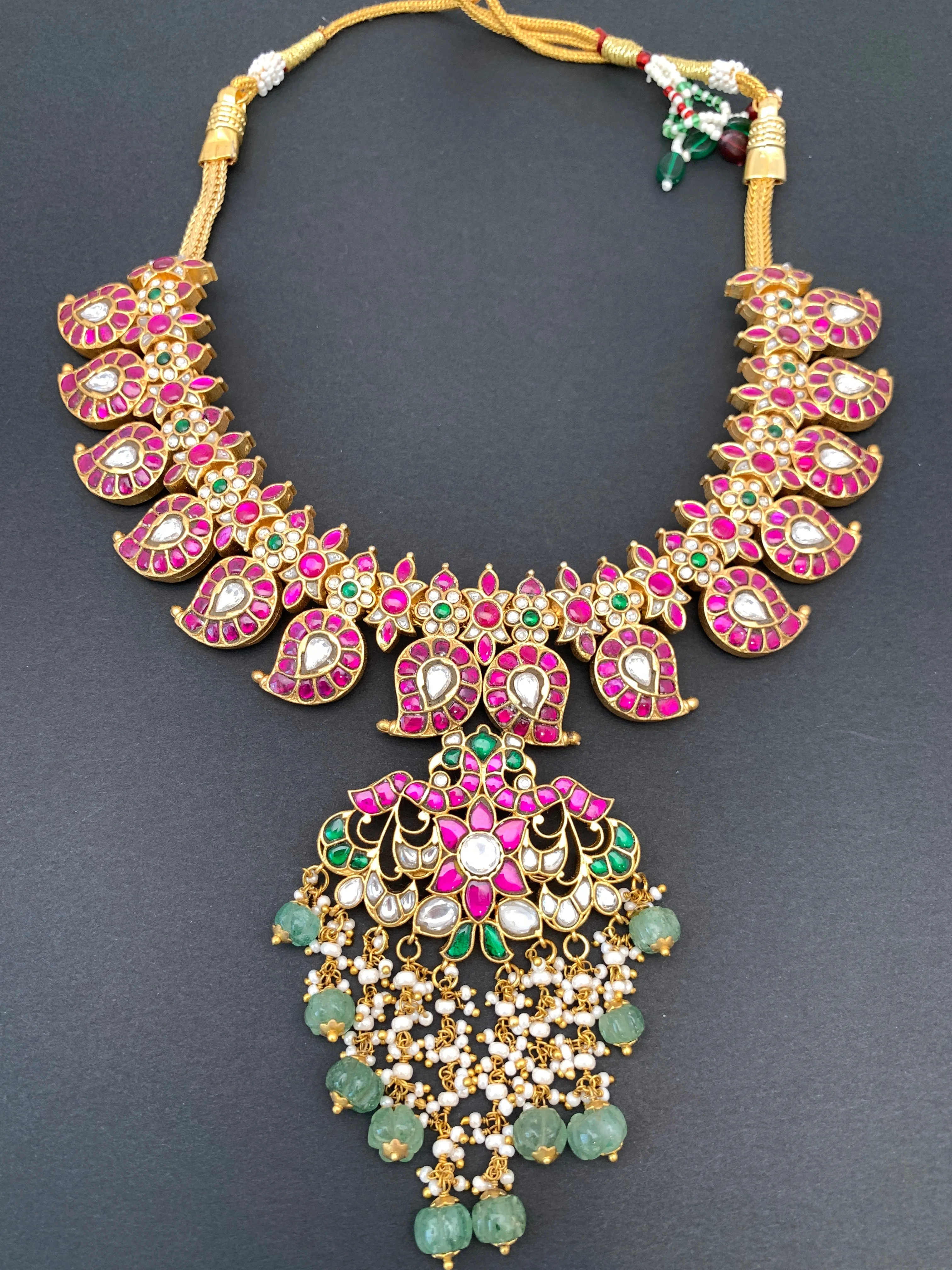 Red Jadau Kundan Emerald Beads Detachable Pendent Neckline Necklace