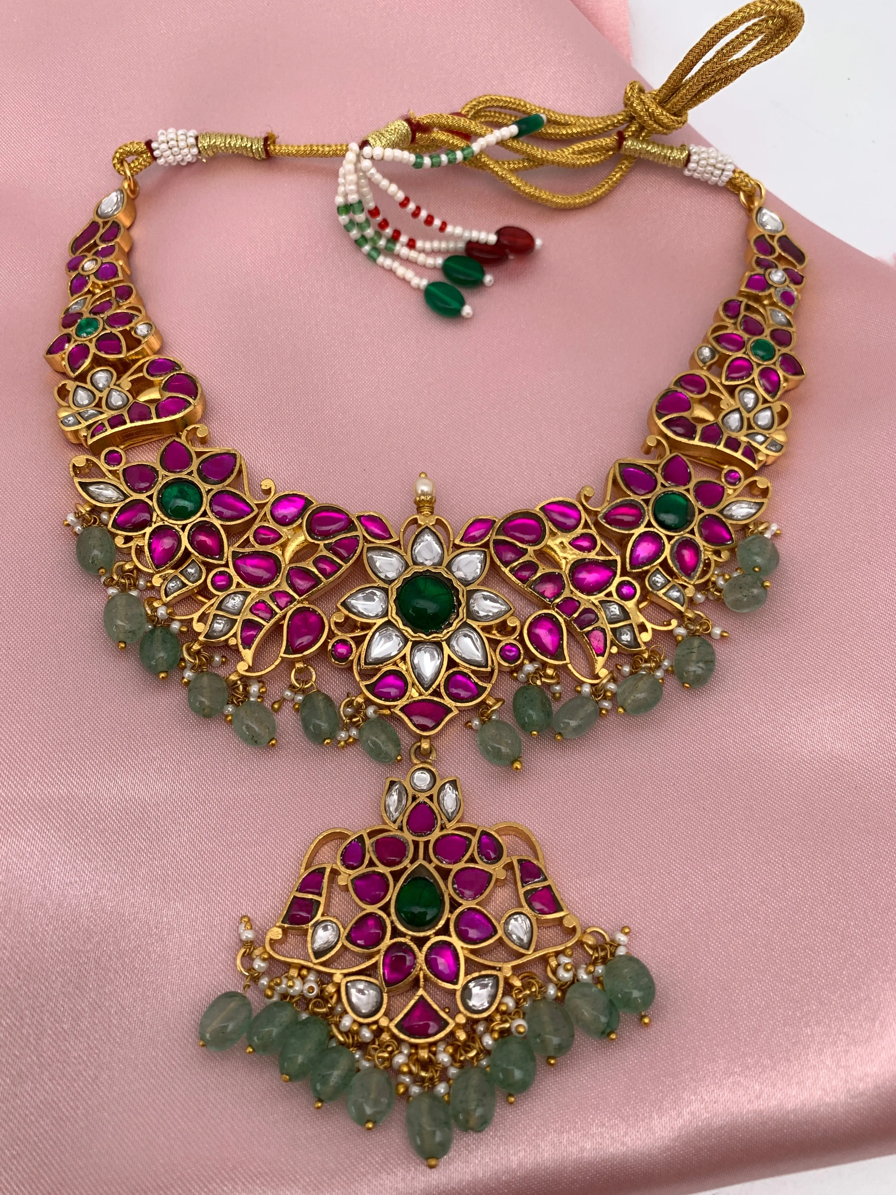 Red Jadau Kundan Emerald Beads Neckline Necklace