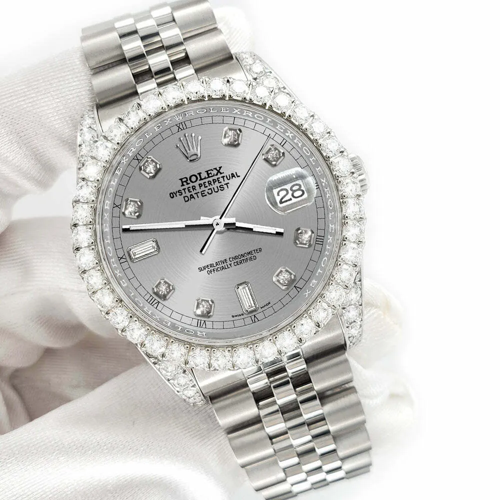 Rolex Datejust  36mm 4CT Diamond Bezel/Lugs/Gray 6 9 Baguette Dial Watch TFJ-142508660