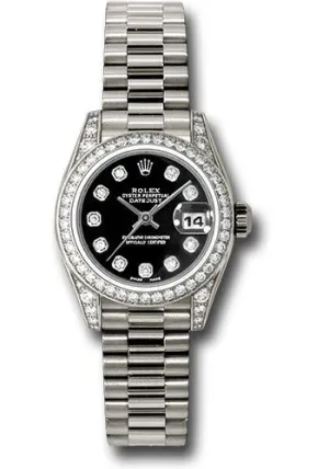 Rolex White Gold Lady-Datejust 26mm - 42 Diamond Bezel - Black Diamond Dial - President Bracelet - 179159 bkdp