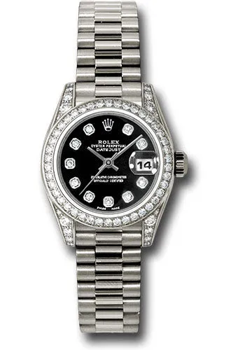 Rolex White Gold Lady-Datejust 26mm - 42 Diamond Bezel - Black Diamond Dial - President Bracelet - 179159 bkdp