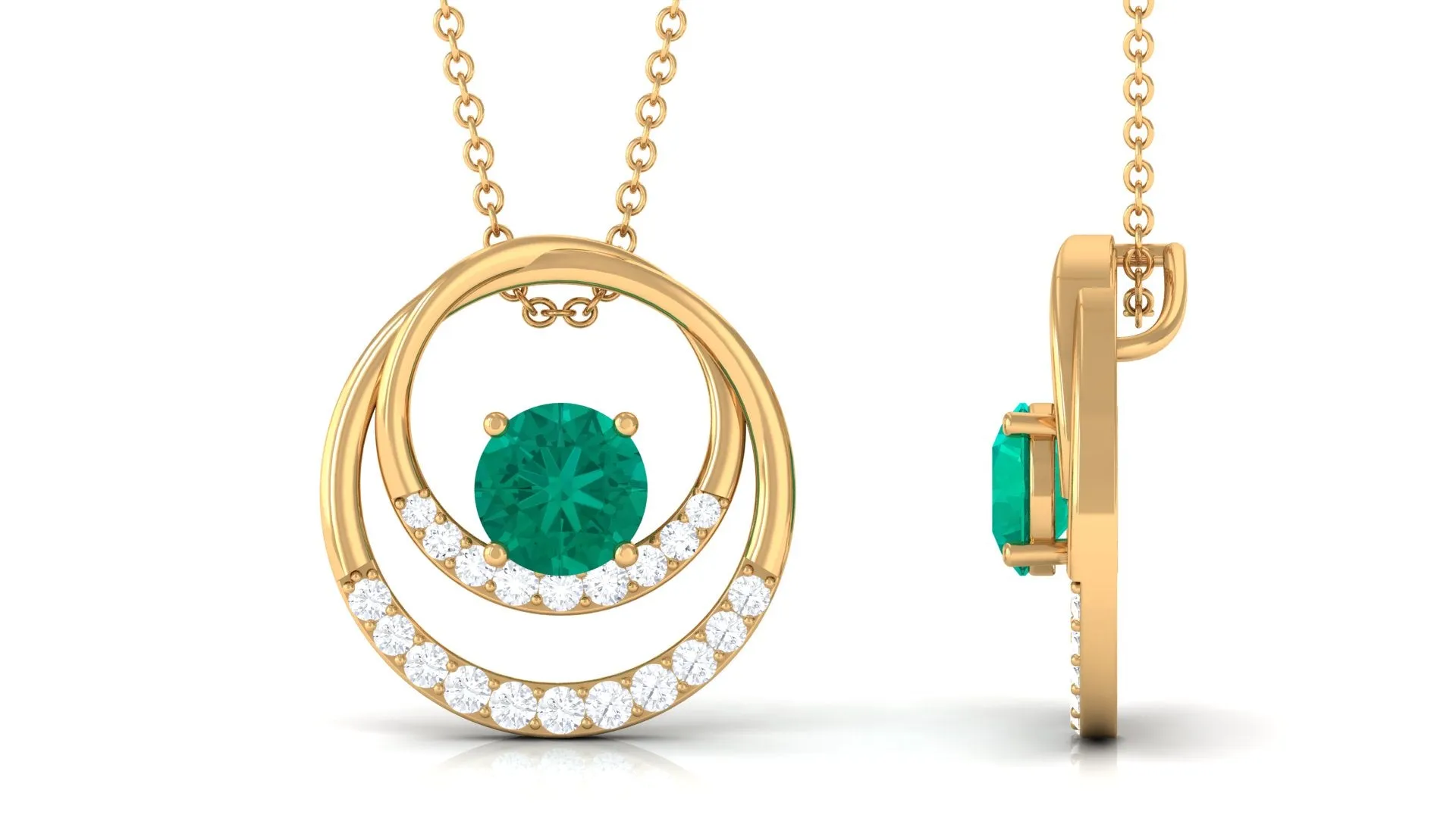 Round Emerald Open Circle Pendant Necklace with Diamond