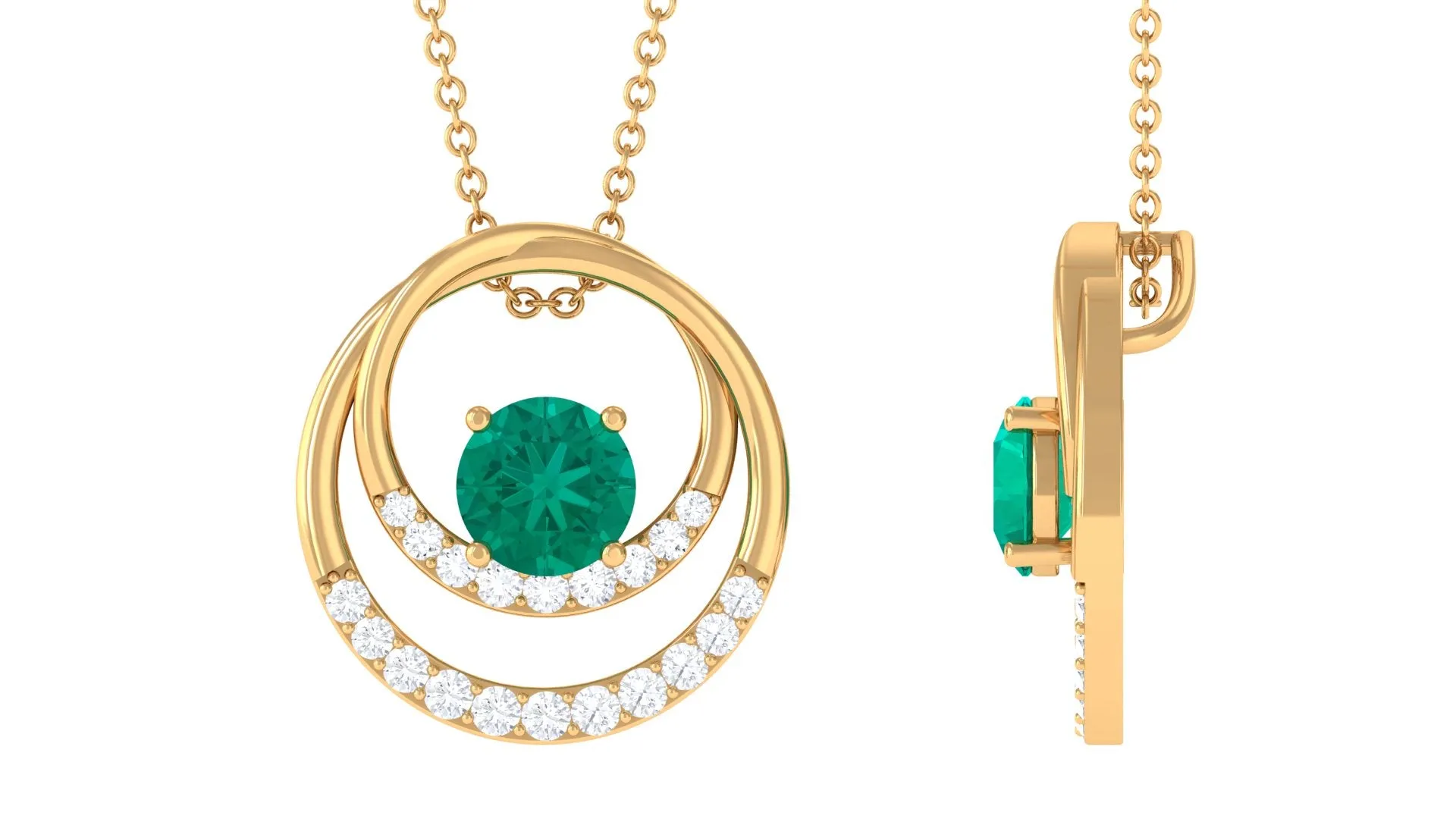 Round Emerald Open Circle Pendant Necklace with Diamond