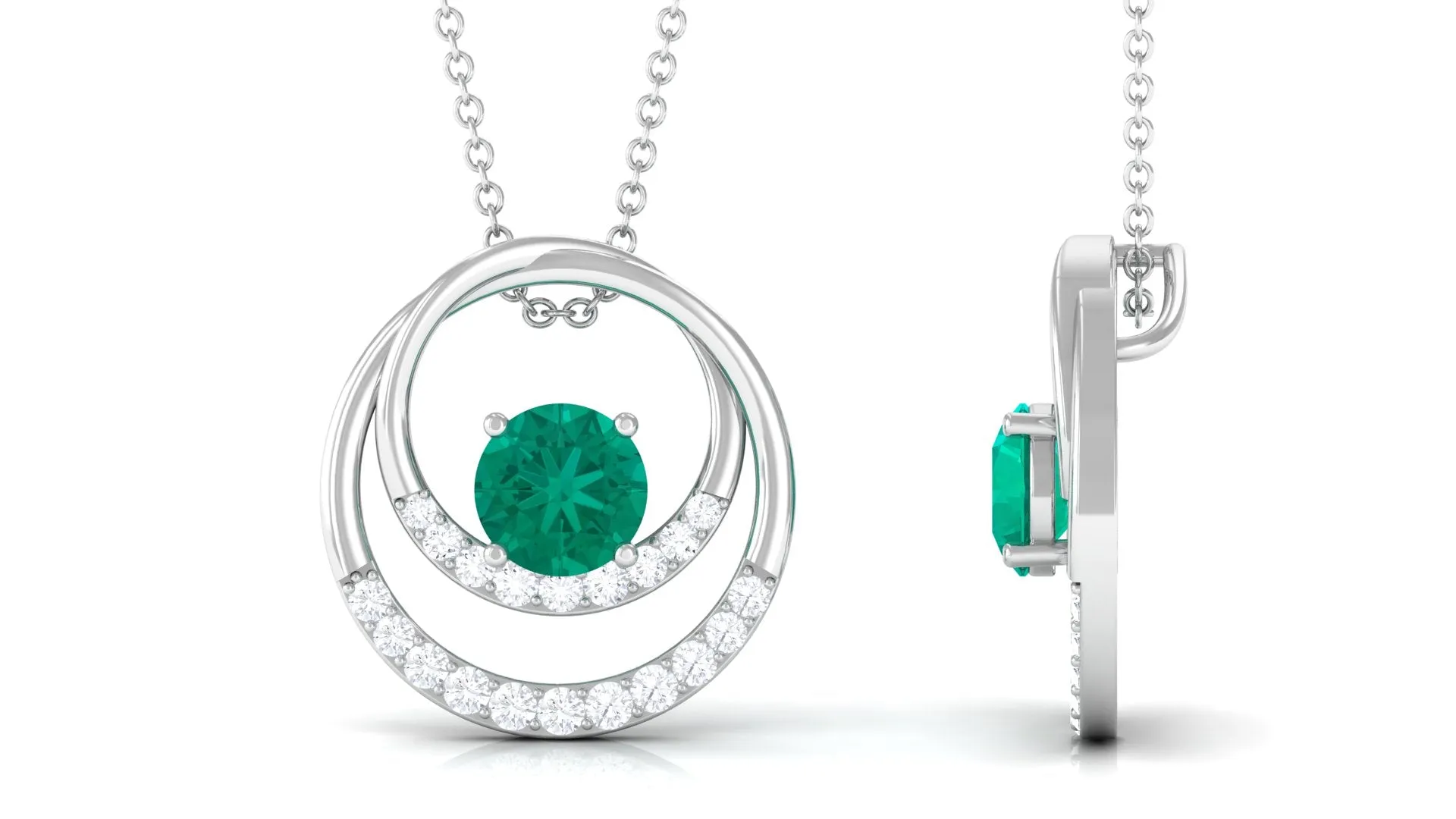Round Emerald Open Circle Pendant Necklace with Diamond