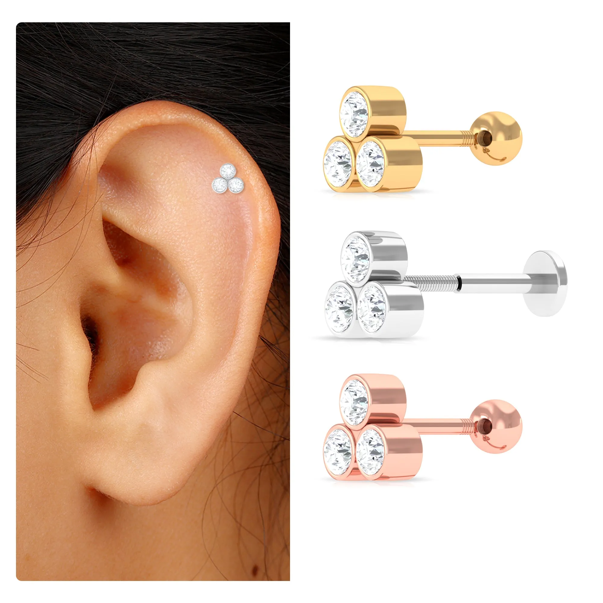 Round Moissanite Trio Helix Earring in Bezel Setting