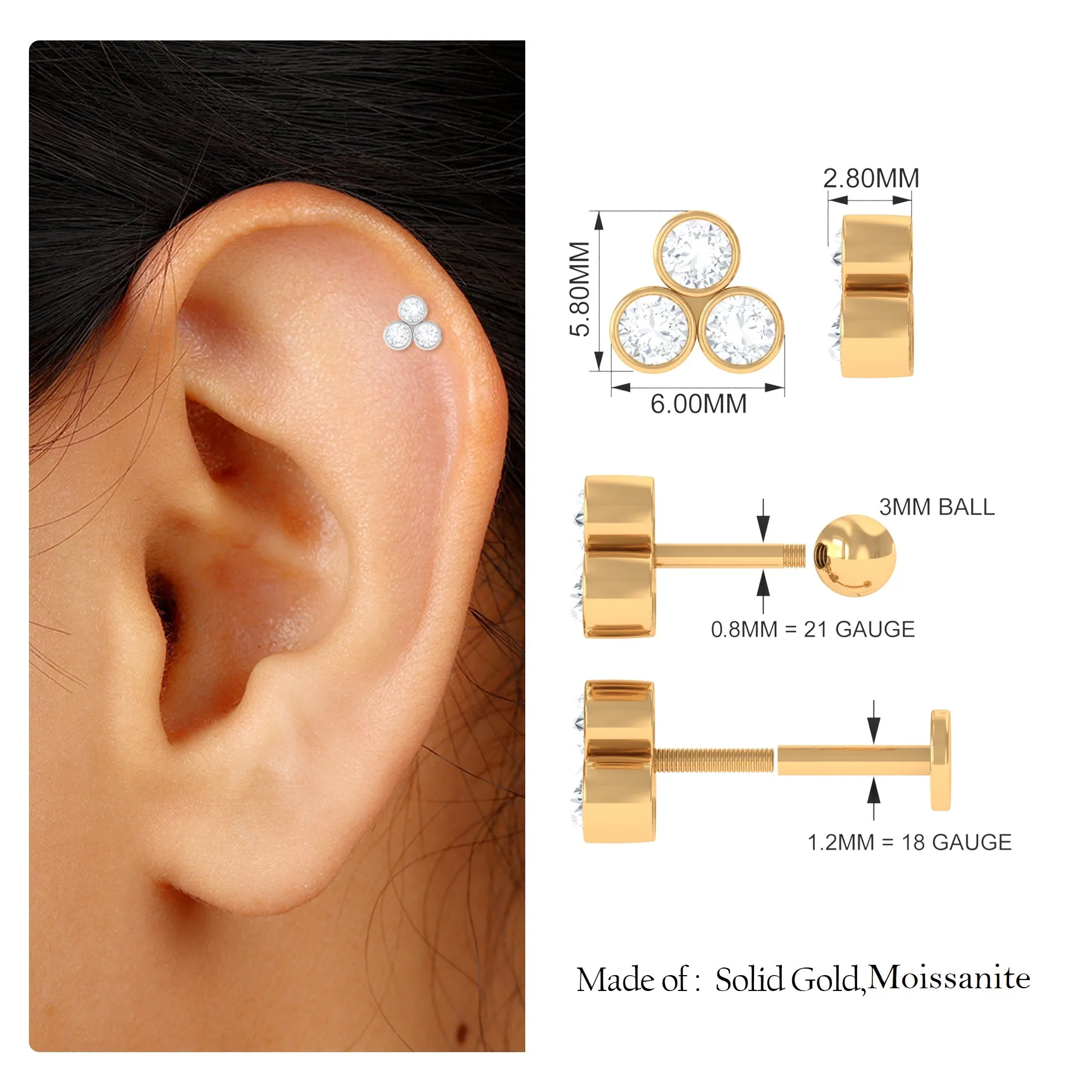 Round Moissanite Trio Helix Earring in Bezel Setting
