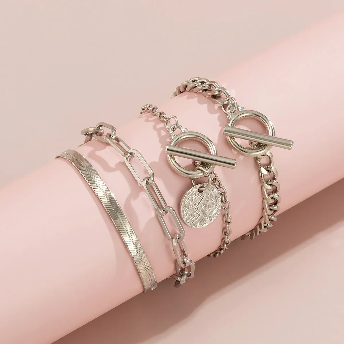 Set of 4 Edgy Hollow Chain Metal Chain Bracelet