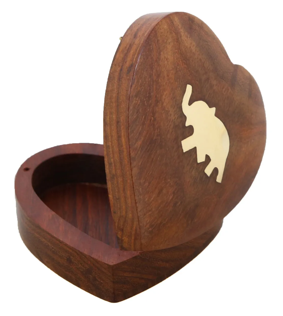 ShalinIndia Handmade Heart Shaped Wooden Jewelry Box With Elephant - 3.5x3.5x1 Inch - Sheesham Wood Brass