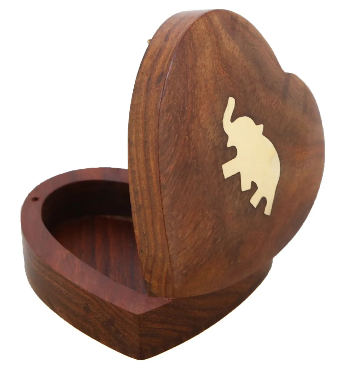ShalinIndia Handmade Heart Shaped Wooden Jewelry Box With Elephant - 3.5x3.5x1 Inch - Sheesham Wood Brass