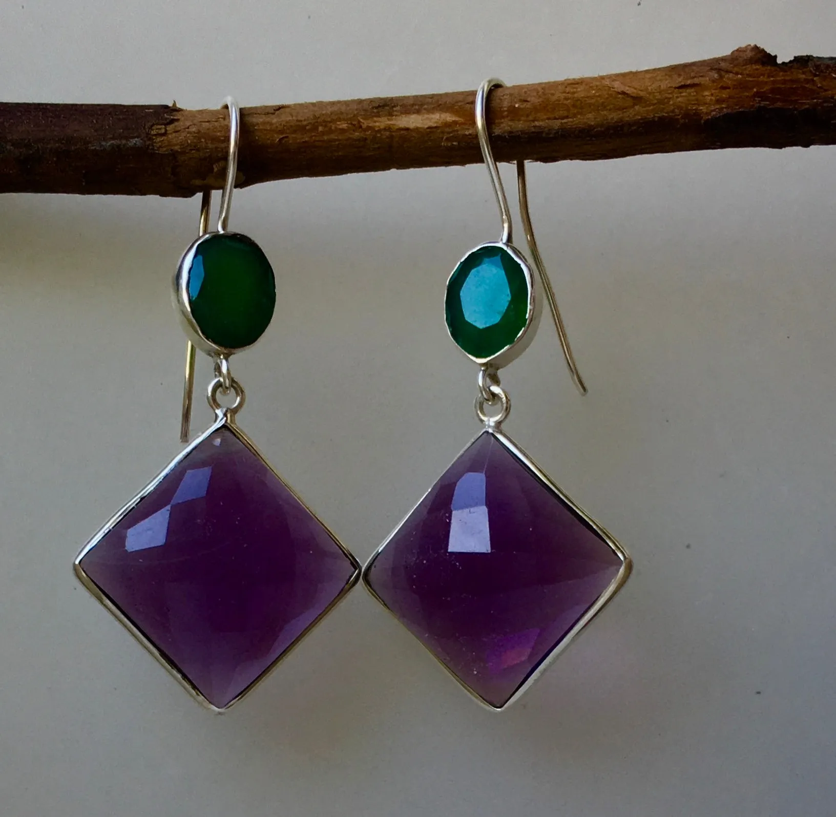 'Sunset in Samoa' Rich Sparkling Amethyst & emerald green Onyx '925' Silver double drop cocktail earrings - lightly faceted gemstones