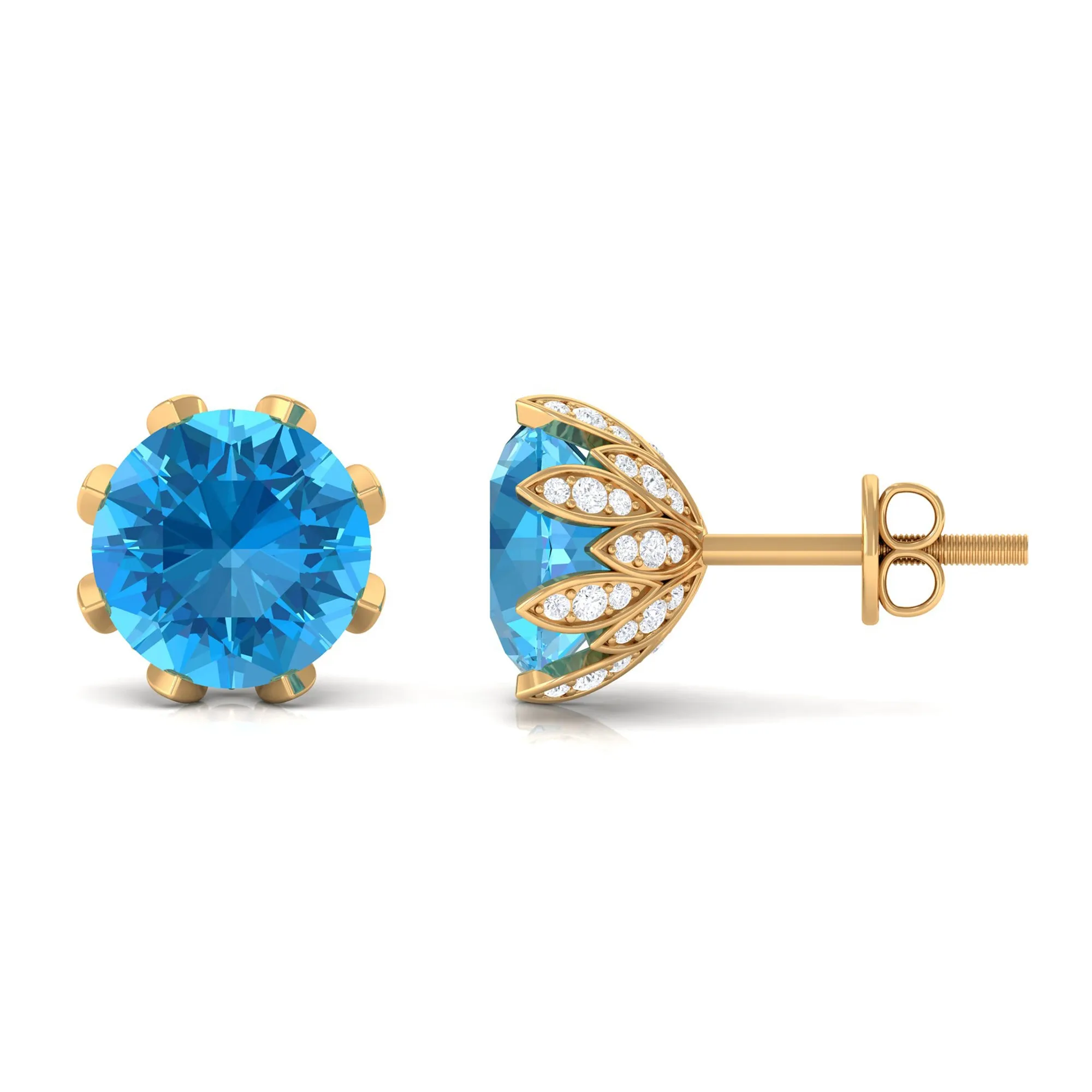 Swiss Blue Topaz Flower Bridal Stud Earrings with Diamond