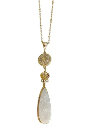 Teardrop Druzy and Crystal Necklace in White