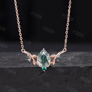 Teardrop Natural Moss Agate Necklace 14k/18k White Gold Necklace Vintage Leaf Vine Emerald Pendant Marquise Green Moss Necklace Women Gifts
