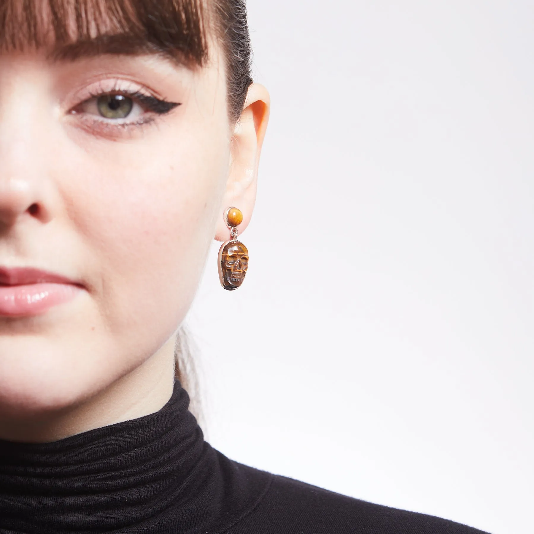Tiger Eye Skull Drop Earrings