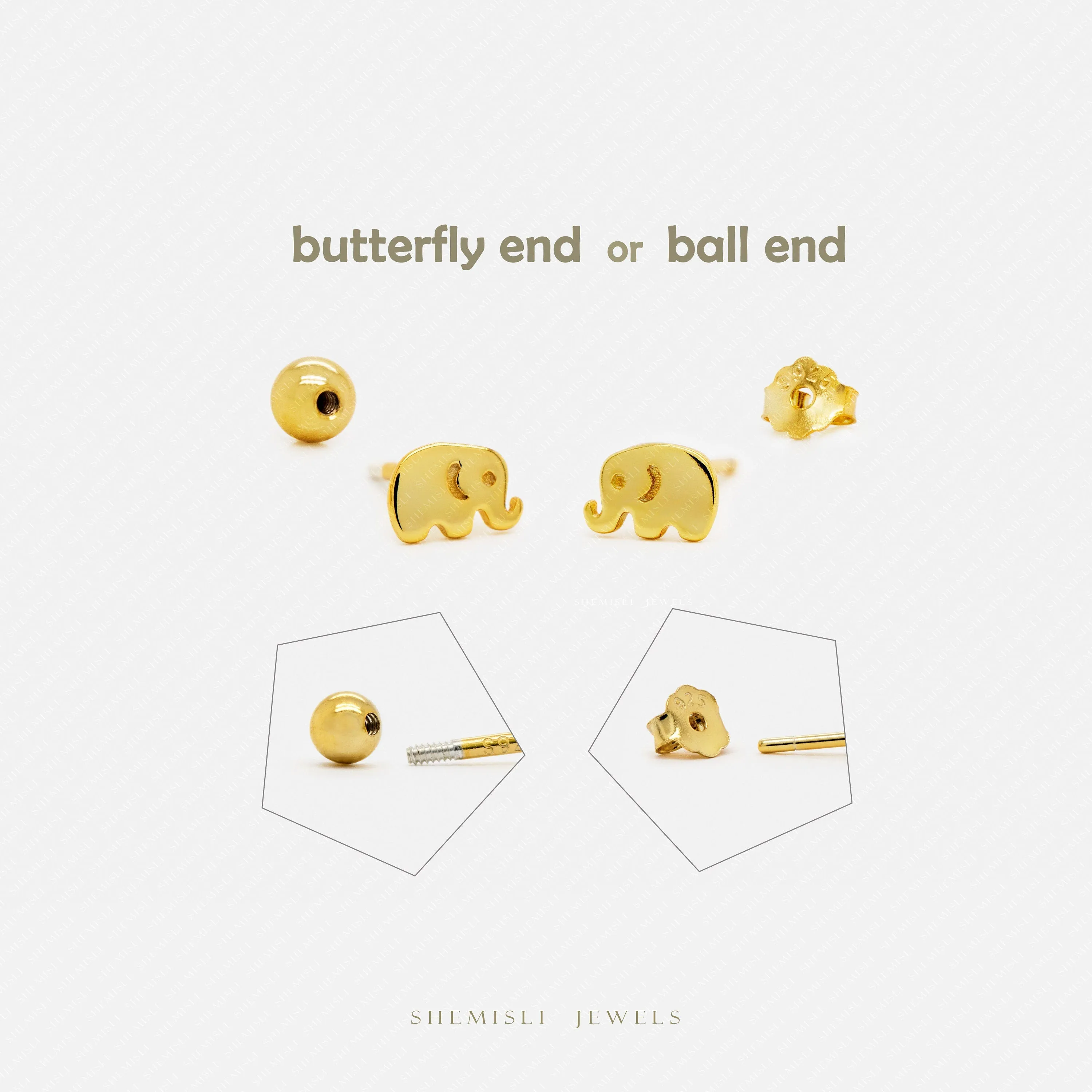 Tiny Elephant Stud, Unisex, Gold, Silver SHEMISLI SS494 Butterfly End, SS495 Screw Ball End (Type A) LR