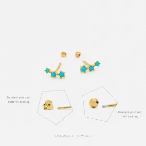 Tiny Triple Turquoise Stones Climber Stud Earrings, Unisex, Gold, Silver SHEMISLI SS248 Butterfly End, SS491 Screw Ball End (Type A) LR