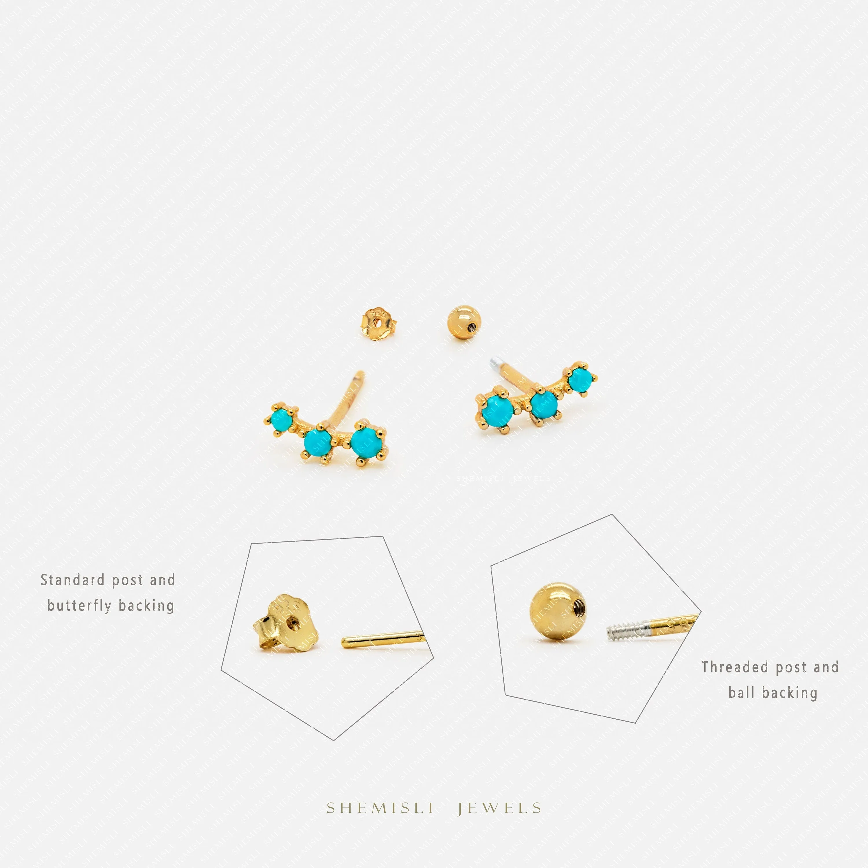Tiny Triple Turquoise Stones Climber Stud Earrings, Unisex, Gold, Silver SHEMISLI SS248 Butterfly End, SS491 Screw Ball End (Type A) LR