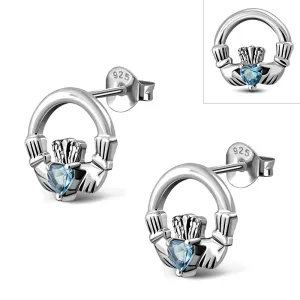 Topaz CZ Claddagh Stud Silver Earrings