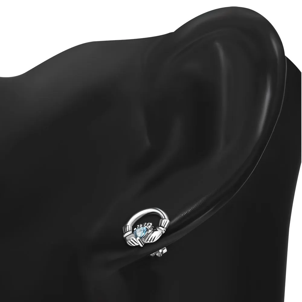Topaz CZ Claddagh Stud Silver Earrings