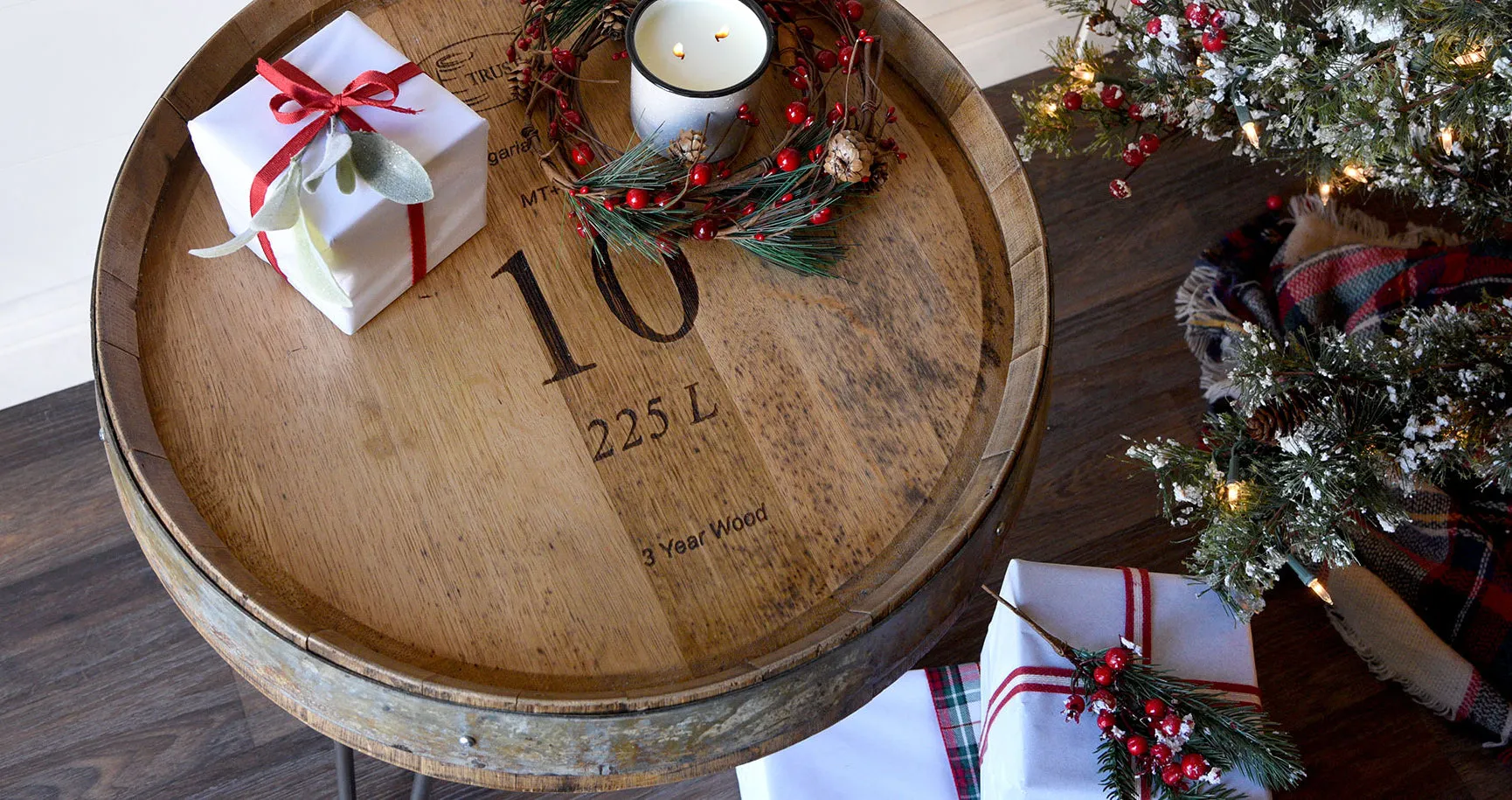 Wine Barrel End Table With Hairpin Legs - Natural